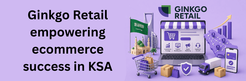 3D ecommerce scene in Saudi Arabia with Ginkgo Retail branding, online store interface, delivery truck, shopping cart, and growth chart on purple background