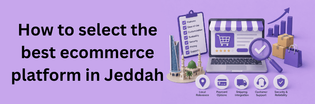 3D illustration of selecting an ecommerce platform in Jeddah featuring laptop store interface, checklist, rating stars, and business decision icons.