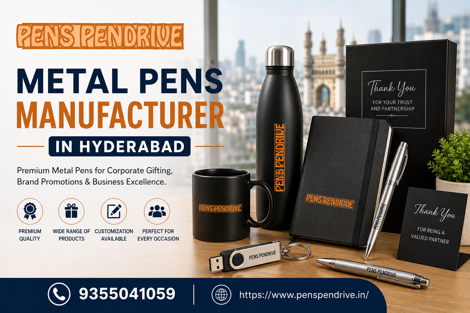 Metal Pens Manufacturer in Hyderabad &ndash; premium metal pens and corporate gifting products by Pens Pendrive, featuring customized pens, notebooks, bottles, mugs, USB drives, and gift sets, with contact number 9355041059 and website penspendrive.in.
