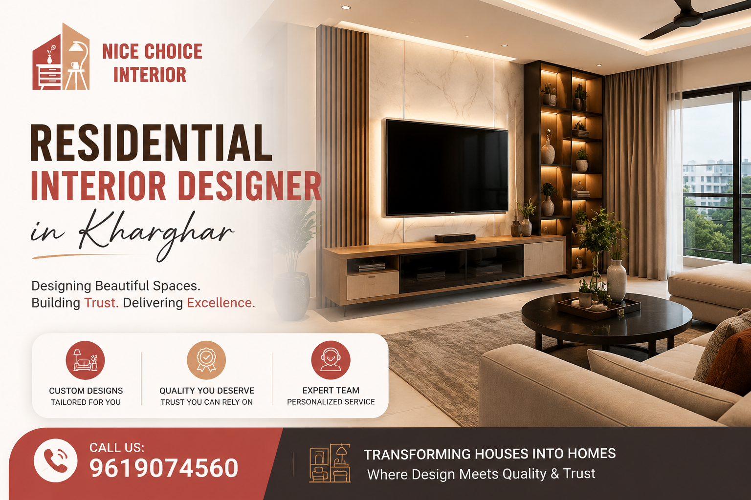 Nice Choice Interior promotional banner featuring a modern luxury living room and the headline &lsquo;Residential Interior Designer in Kharghar,&rsquo; highlighting custom designs, quality, trust, expert service, and contact number 9619074560.