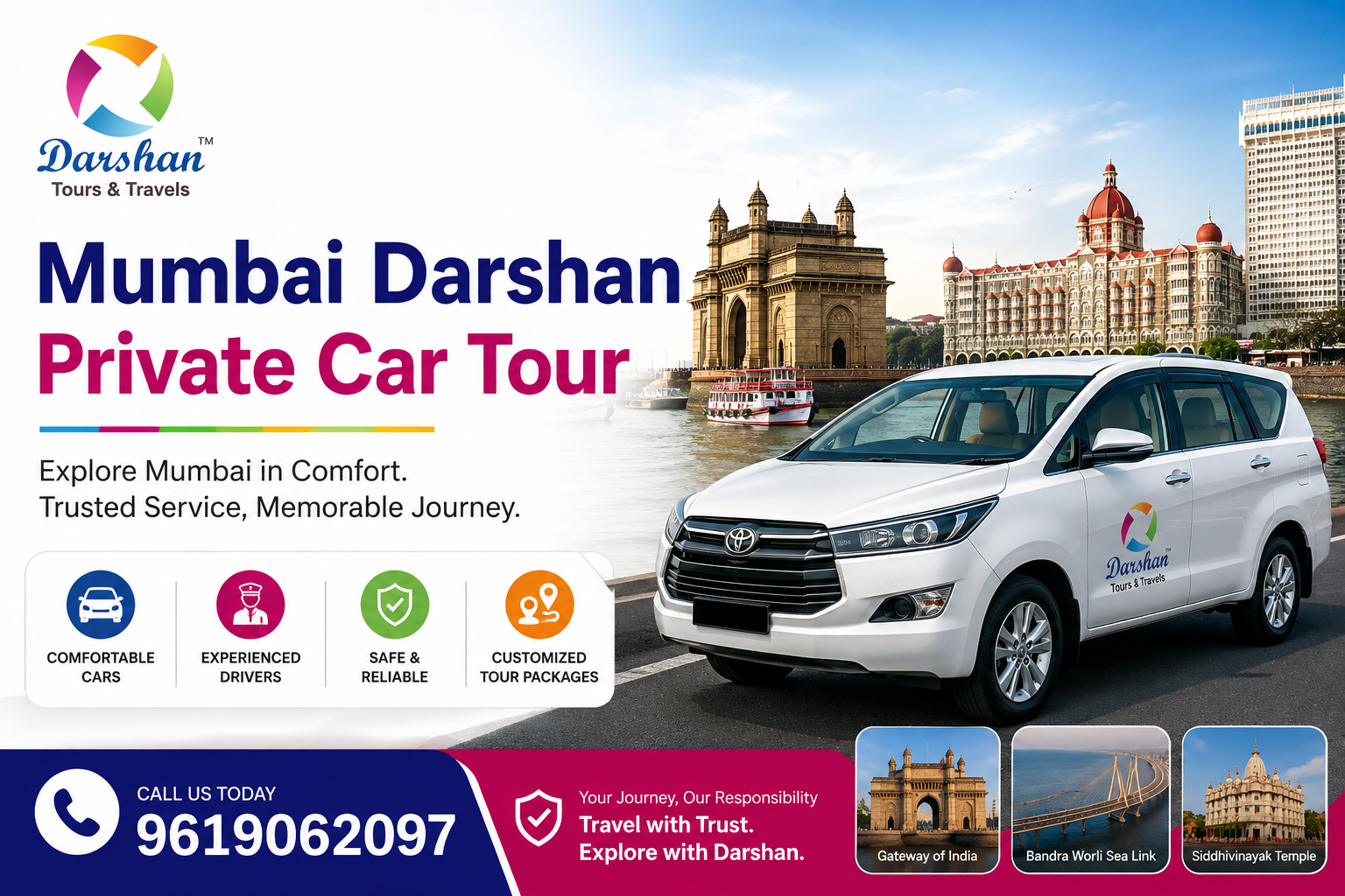 Mumbai Darshan Private Car Tour by Darshan Tours & Travels, featuring a comfortable private car, Mumbai landmarks, experienced drivers, and trusted travel services.