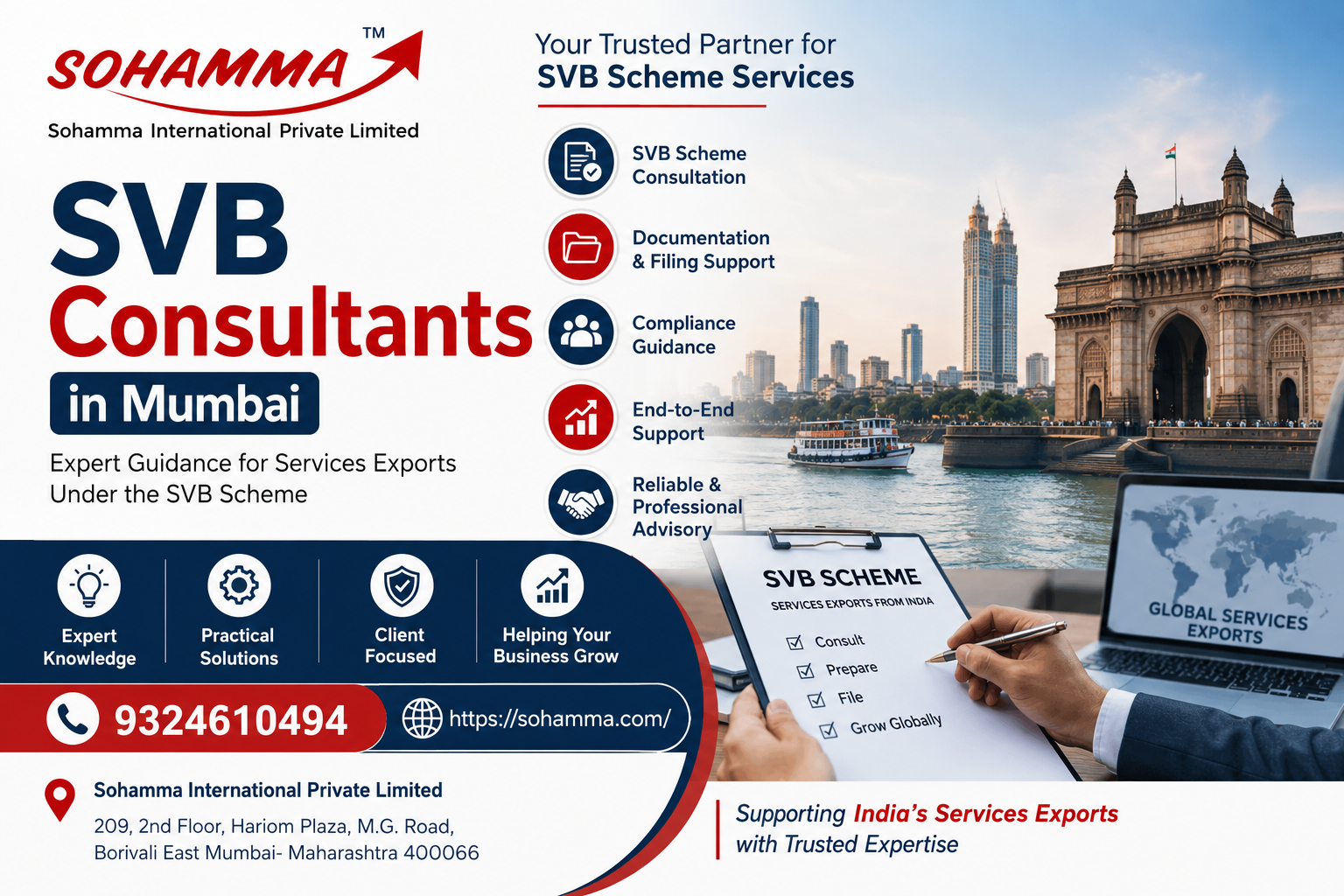 SVB Consultants in Mumbai &ndash; Sohamma International Private Limited offering SVB scheme consultation, documentation support, compliance guidance, and end-to-end services for India&rsquo;s services exports. Contact: 9324610494 | sohamma.com.