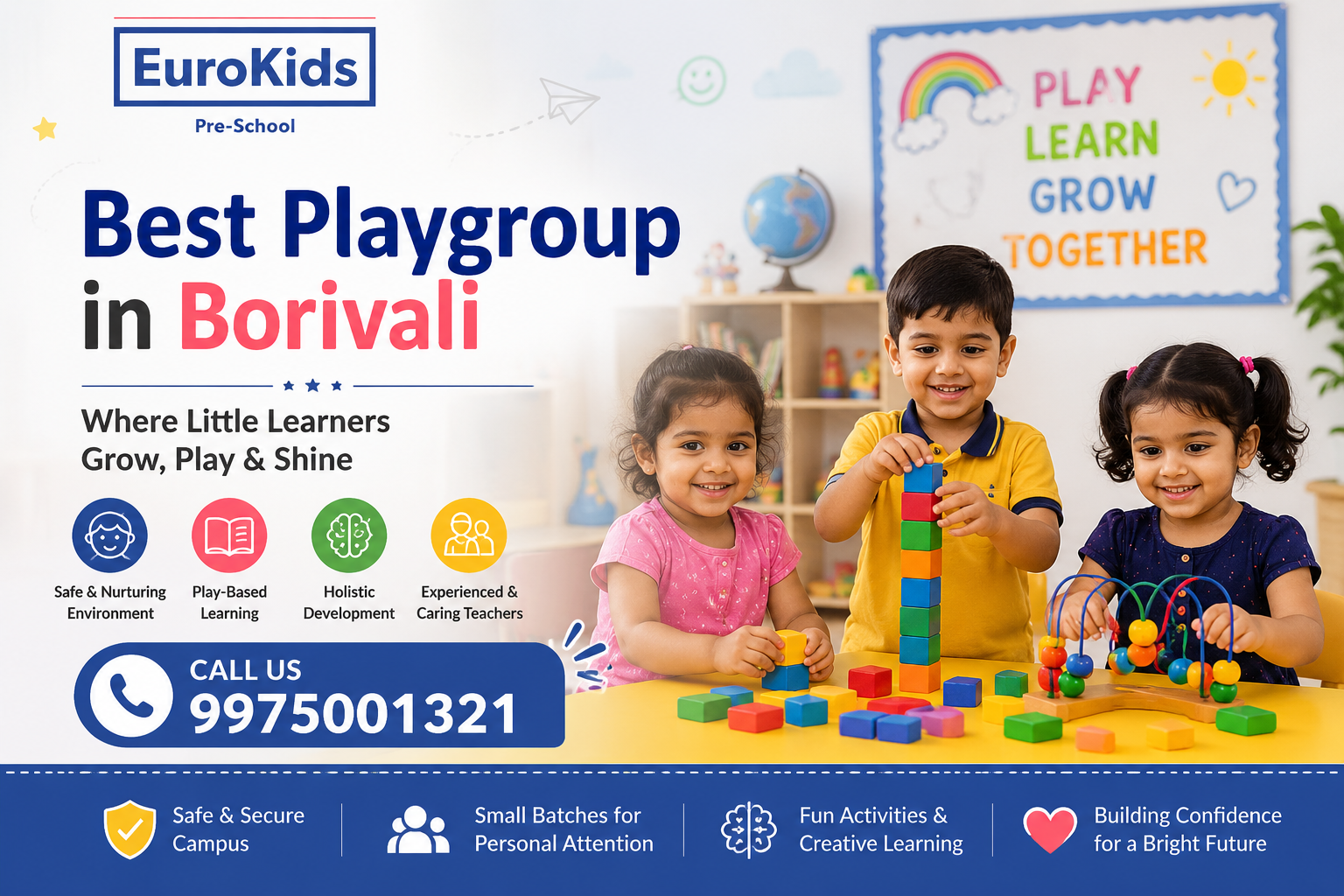 Professional EuroKids Pre-School banner promoting the Best Playgroup in Borivali, featuring happy children engaged in colorful play-based learning activities in a bright, safe, and nurturing classroom environment.