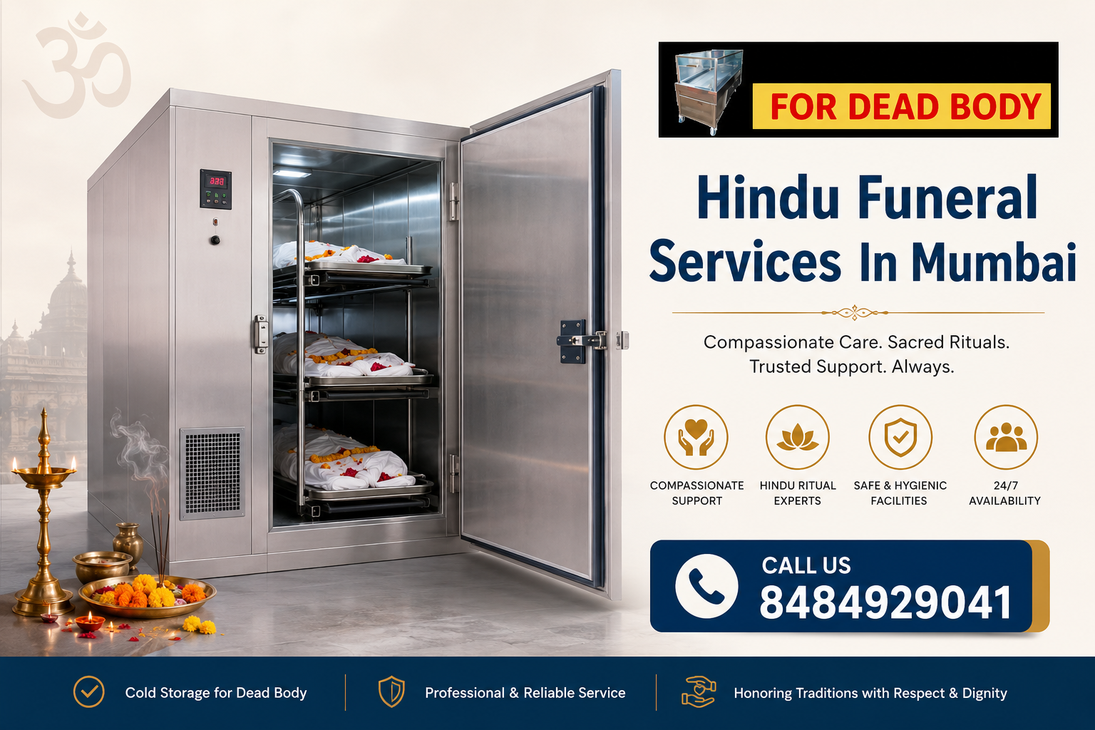 Professional banner for Hindu Funeral Services in Mumbai featuring cold storage for a dead body, traditional Hindu funeral elements, respectful ceremonial setting, and a call-to-action for reliable funeral support.