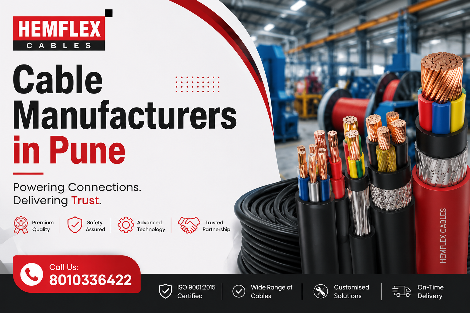 Professional Hemflex Cables banner featuring industrial cable manufacturing visuals, copper conductors, and multiple cable types. The design highlights “Cable Manufacturers in Pune,” with a quality and trust tagline, Hemflex Cables logo, ISO certification, customized solutions, and contact number 8010336422.