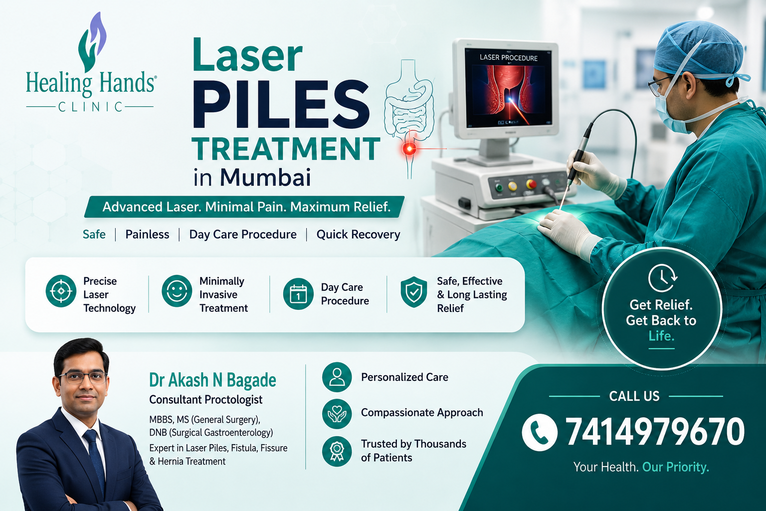 Healing Hands Clinic banner promoting Laser Piles Treatment in Mumbai, featuring advanced laser treatment equipment, a medical professional, Dr. Akash N Bagade, minimally invasive care, and contact number 7414979670.
