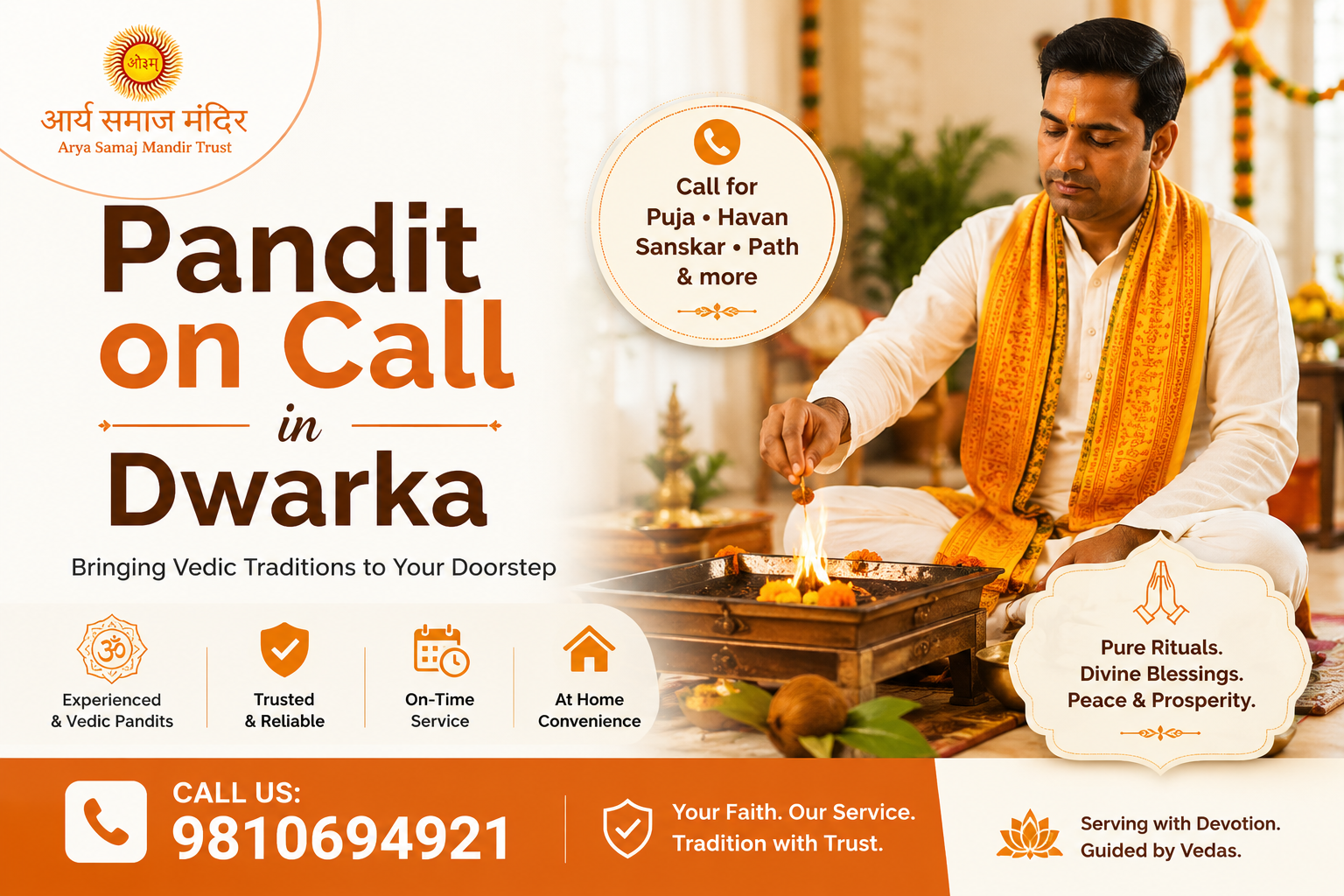 Arya Samaj Mandir Trust banner promoting Pandit on Call in Dwarka, featuring a Vedic priest performing a havan, traditional puja elements, trusted Vedic services, and contact number 9810694921.