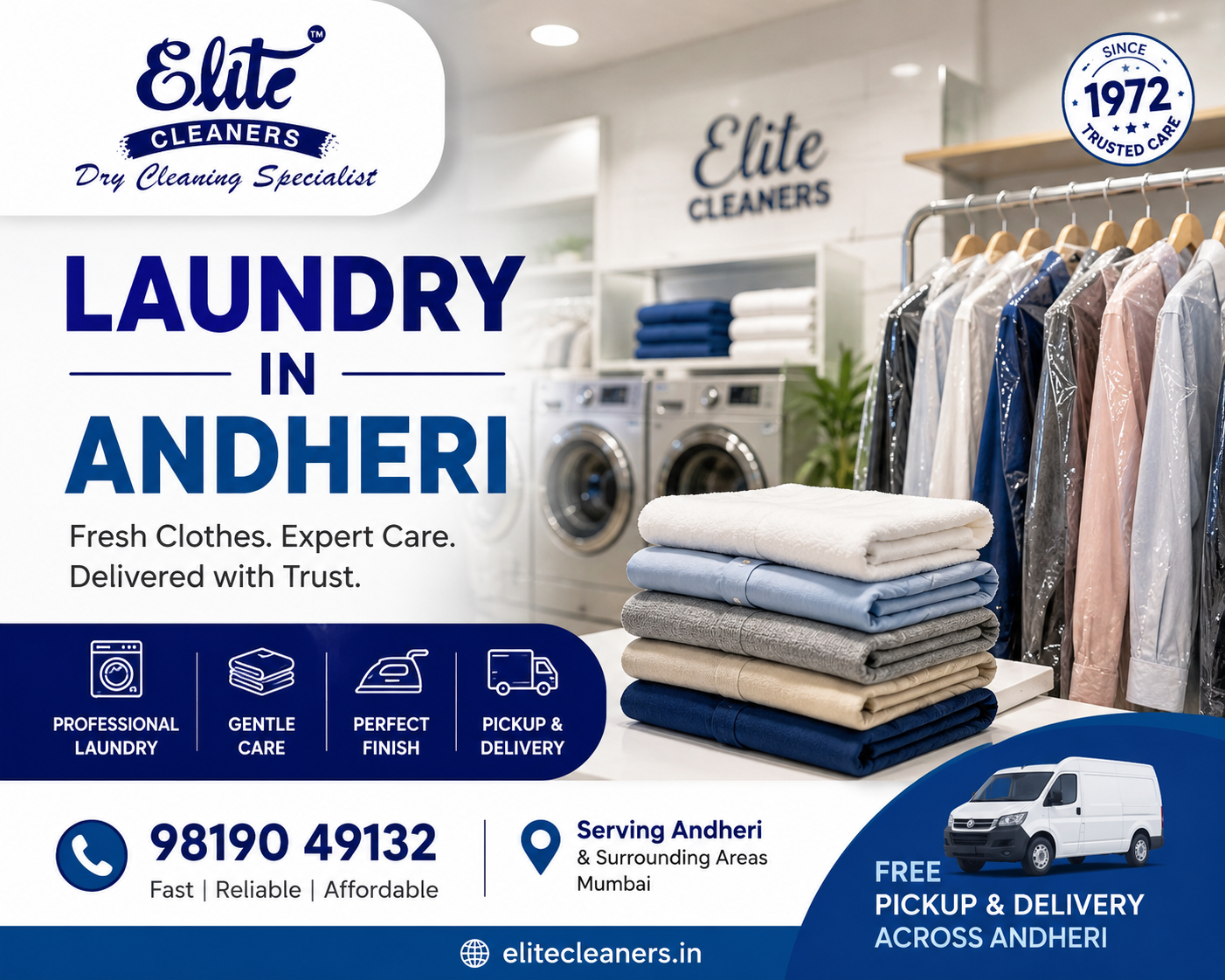 Elite Cleaners professional dry cleaning and laundry service banner featuring expert garment care, folded clothes, clothing racks, pickup and delivery, contact number 98190 49132, and Santacruz West, Mumbai address.