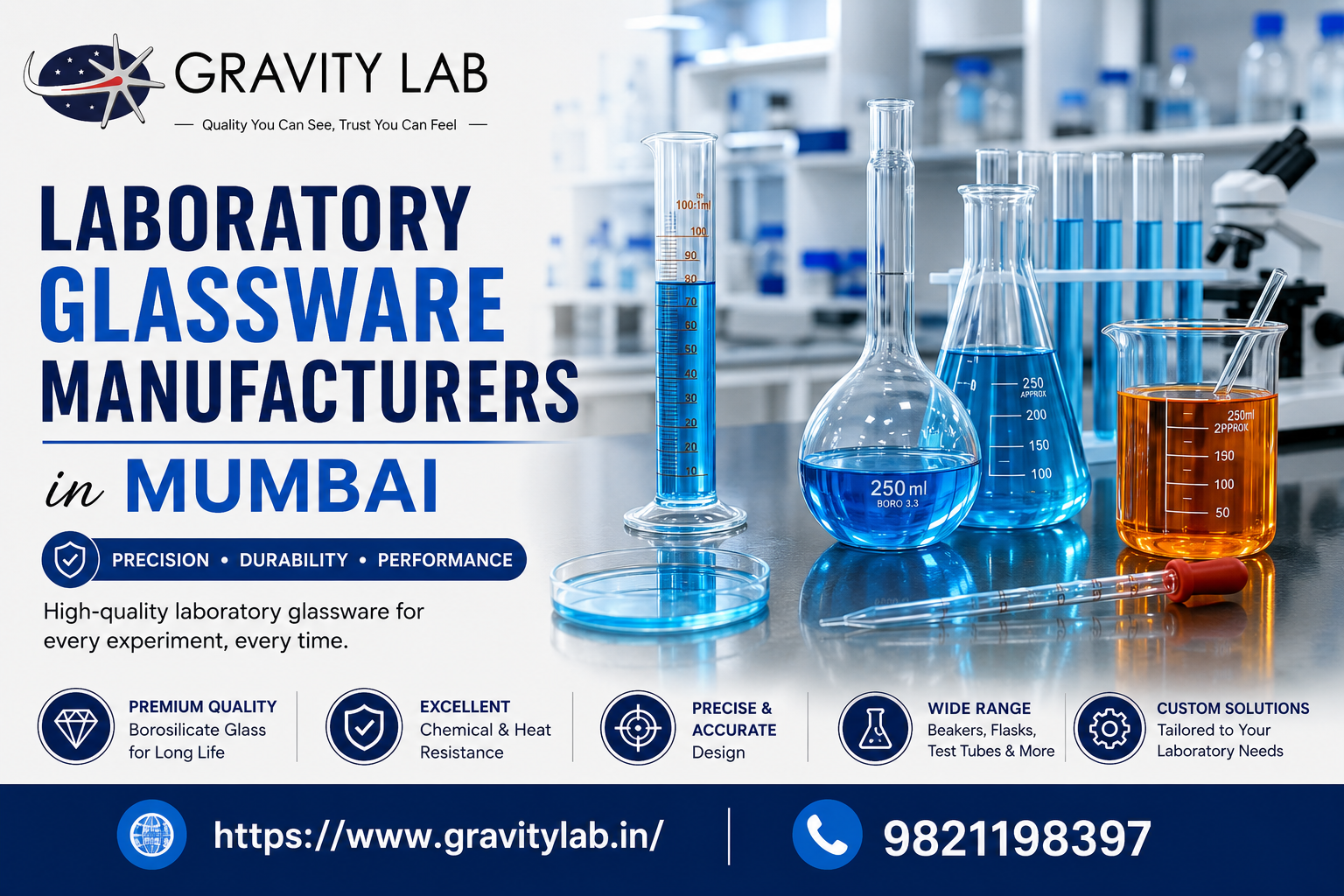 Laboratory Glassware Manufacturers in Mumbai &ndash; Gravity Lab showcasing high-quality laboratory glassware including beakers, flasks, measuring cylinders, test tubes, and pipettes, with contact number 9821198397 and website gravitylab.in.