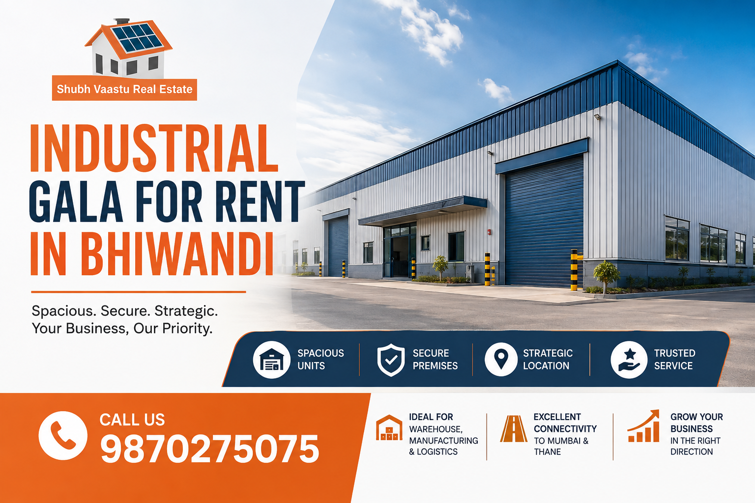 Industrial gala for rent in Bhiwandi &ndash; Shubh Vaastu Real Estate banner featuring a modern industrial warehouse, spacious premises, strategic location, secure facilities, and contact number 9870275075.