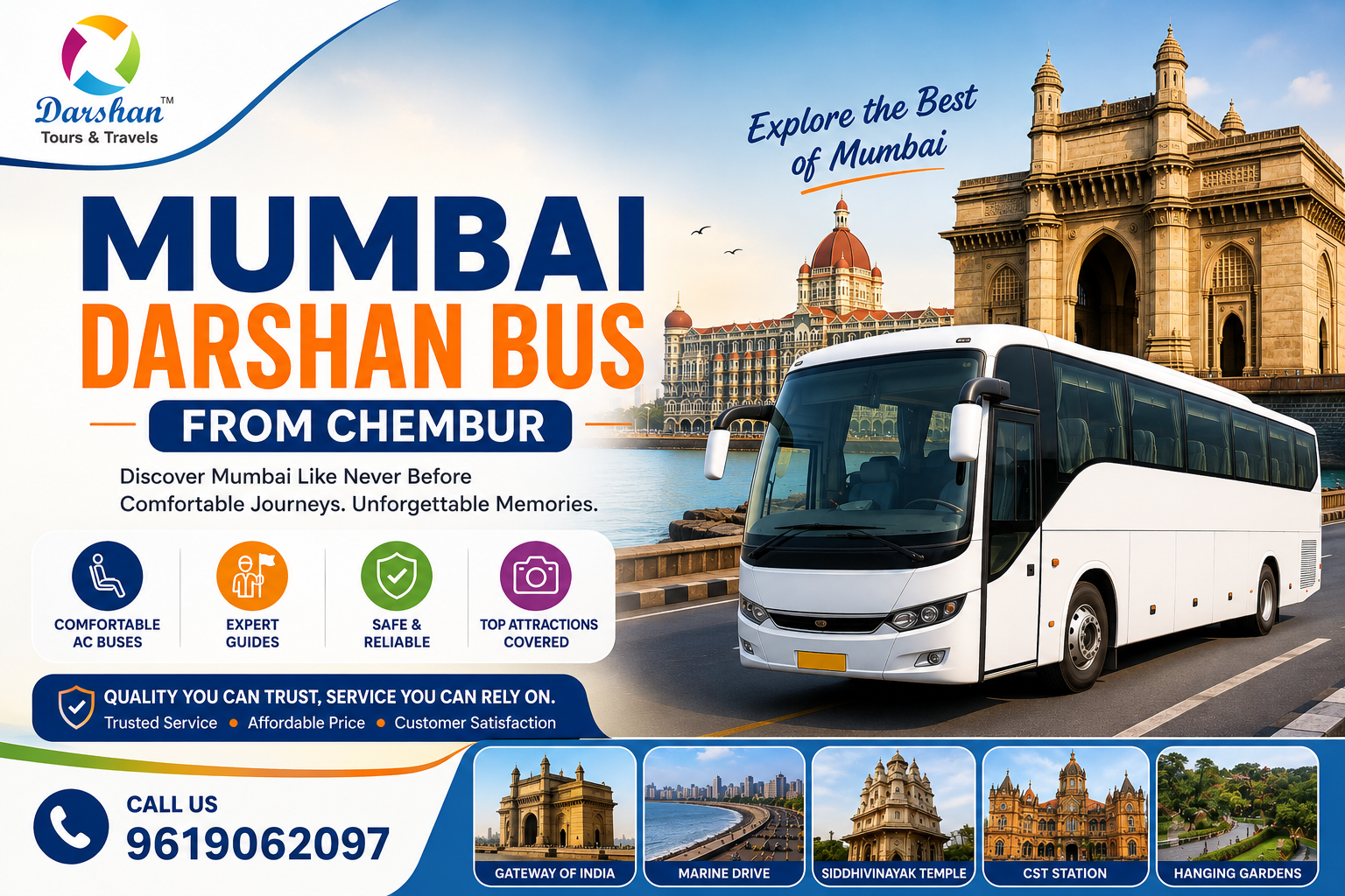 Professional Mumbai Darshan Bus from Chembur promotional banner featuring a modern AC tour bus, Gateway of India, Marine Drive and iconic Mumbai landmarks, with DARSHAN TOURS & TRAVELS branding, quality travel messaging, and contact number 9619062097.
