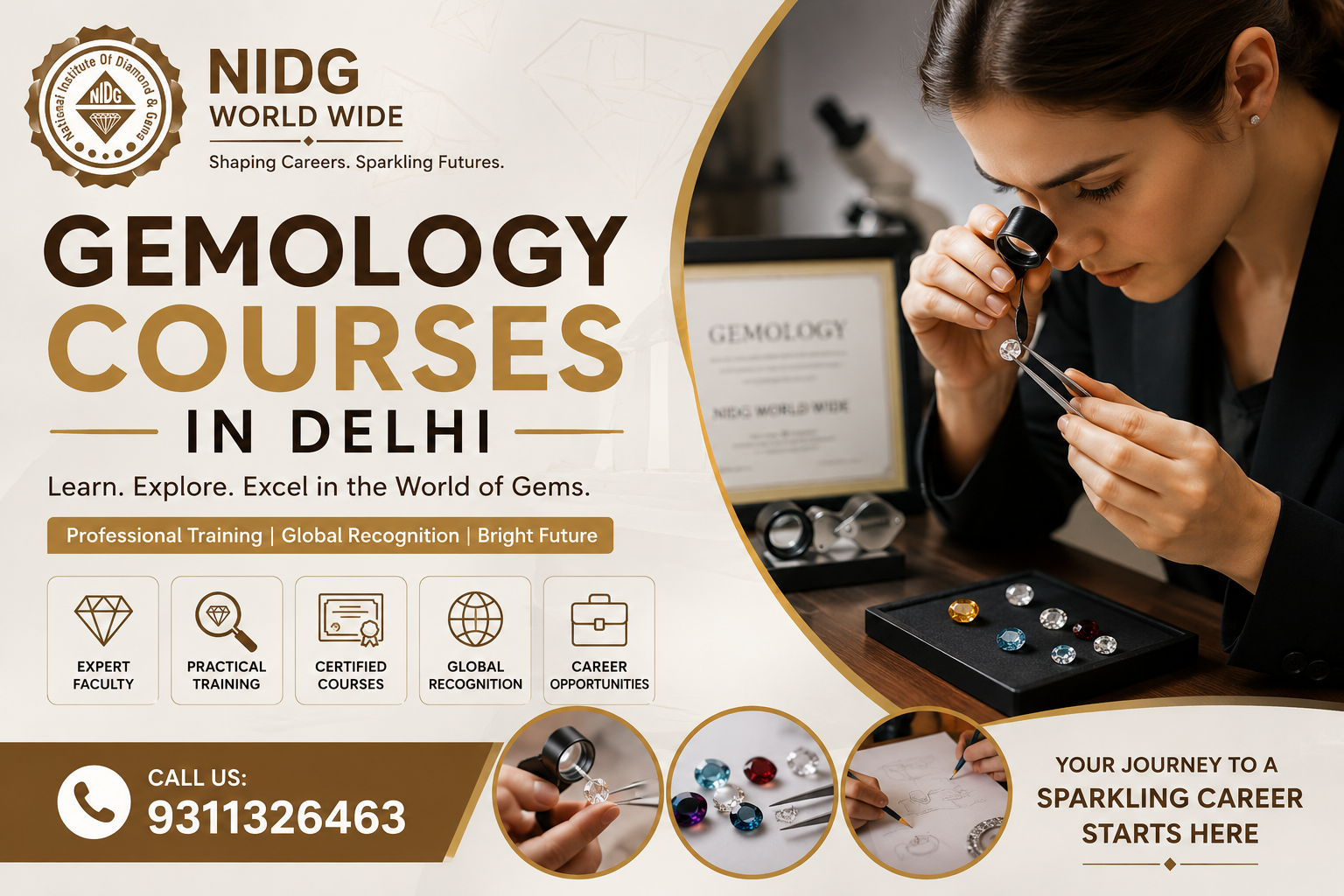 Professional promotional banner for NIDG World Wide featuring Gemology Courses in Delhi, with a gemologist examining gemstones, gemstone testing tools, practical training visuals, course benefits, and contact number 9311326463.