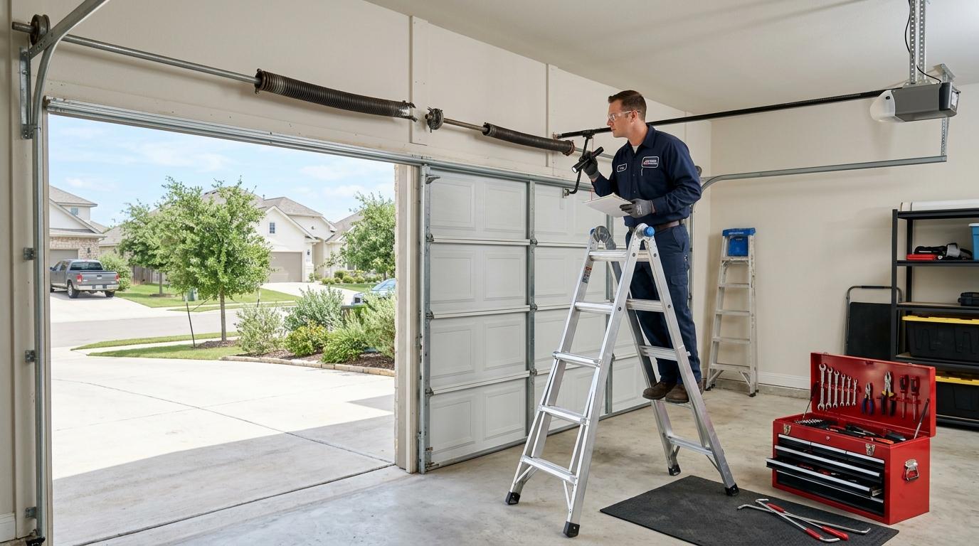 Broken garage door spring being professionally inspected