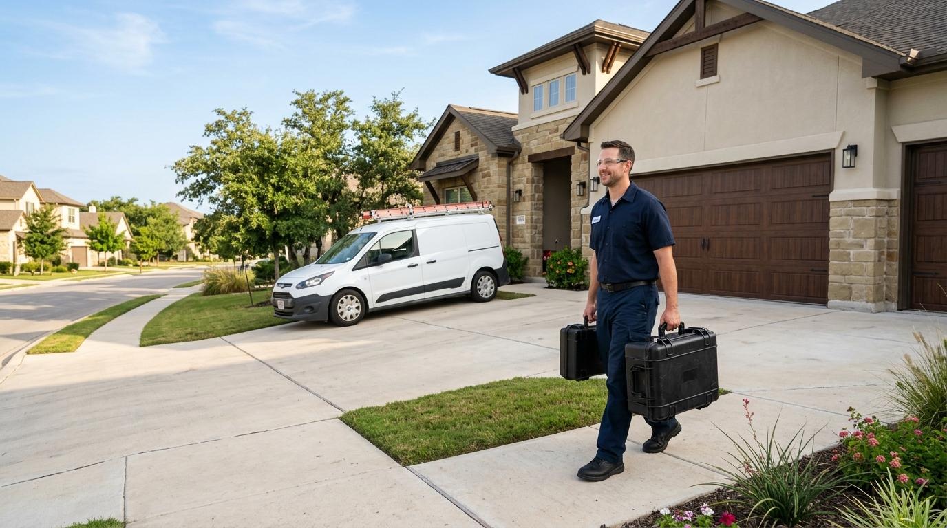 Emergency garage door technician arriving at a New Braunfels home