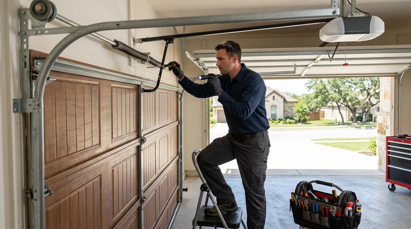 Technician inspecting a garage door system